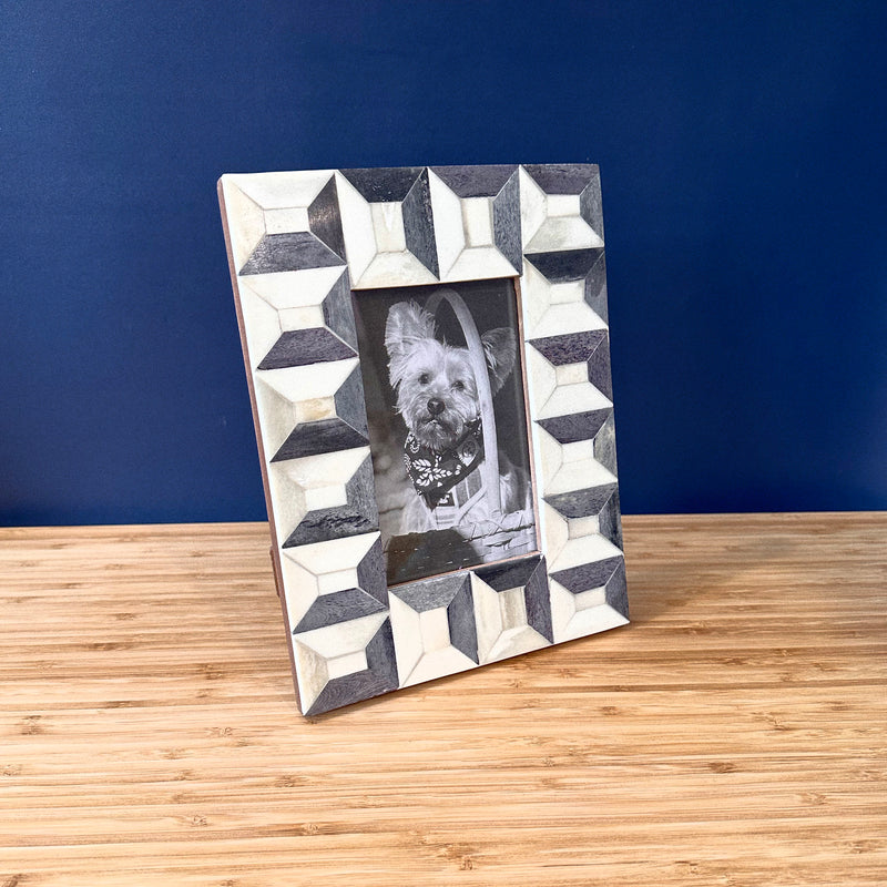 Geometric Bone Inlay Frame in Blue-Grey and White - Home Works