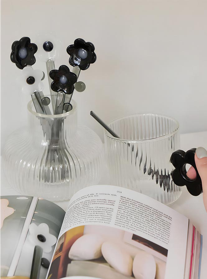 "Fleur" Flower Shape Glass Spoon - Black and White - Home Works