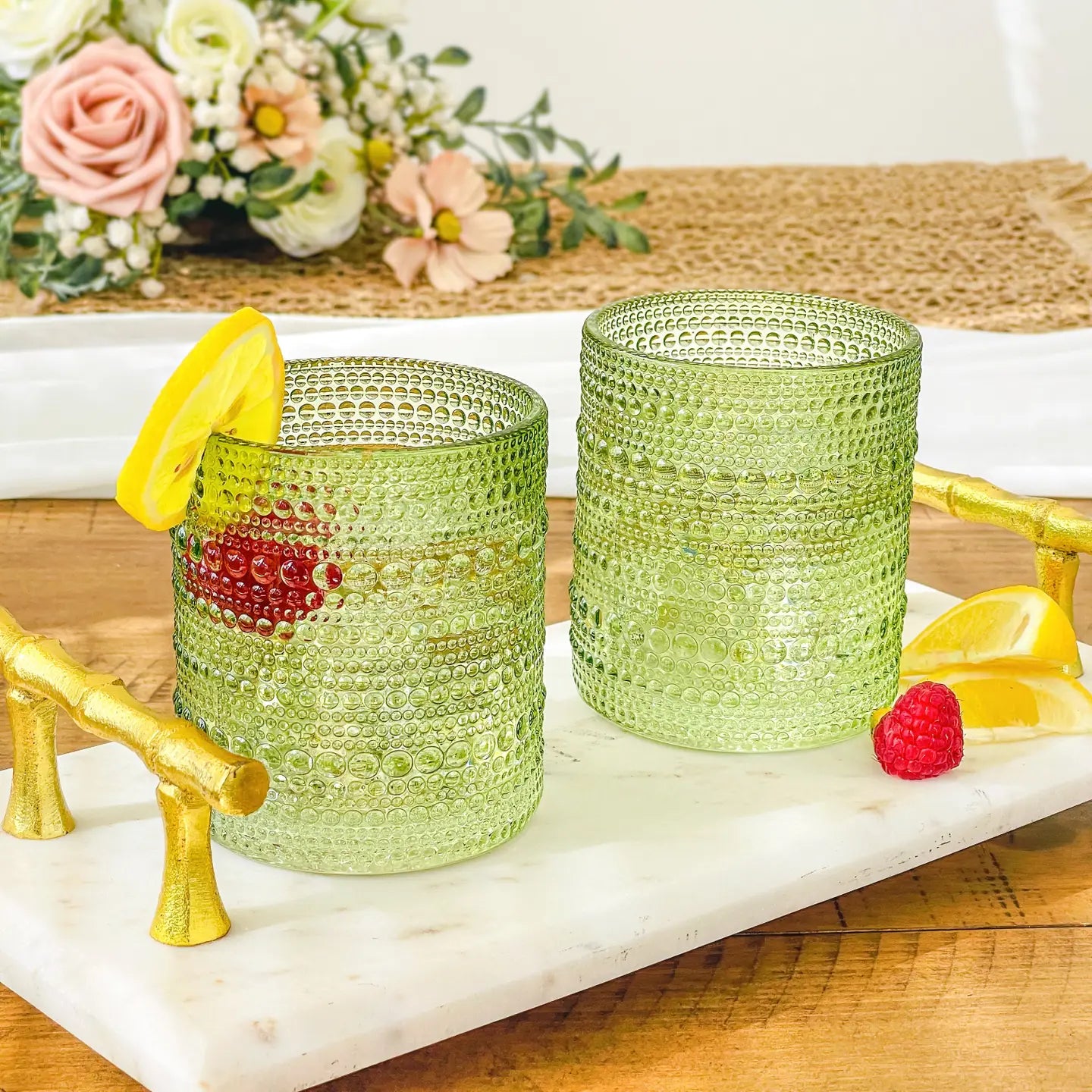 10oz Beaded Sage Green Old Fashion Drinking Glasses Set of 6 - Home Works