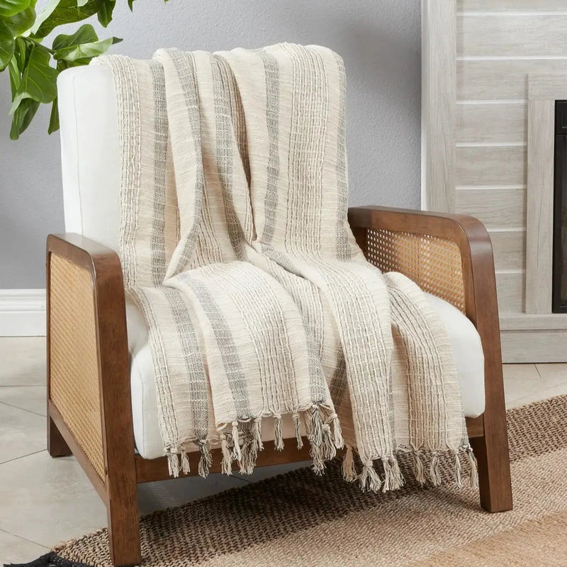 Ivory Striped Woven Throw - Home Works