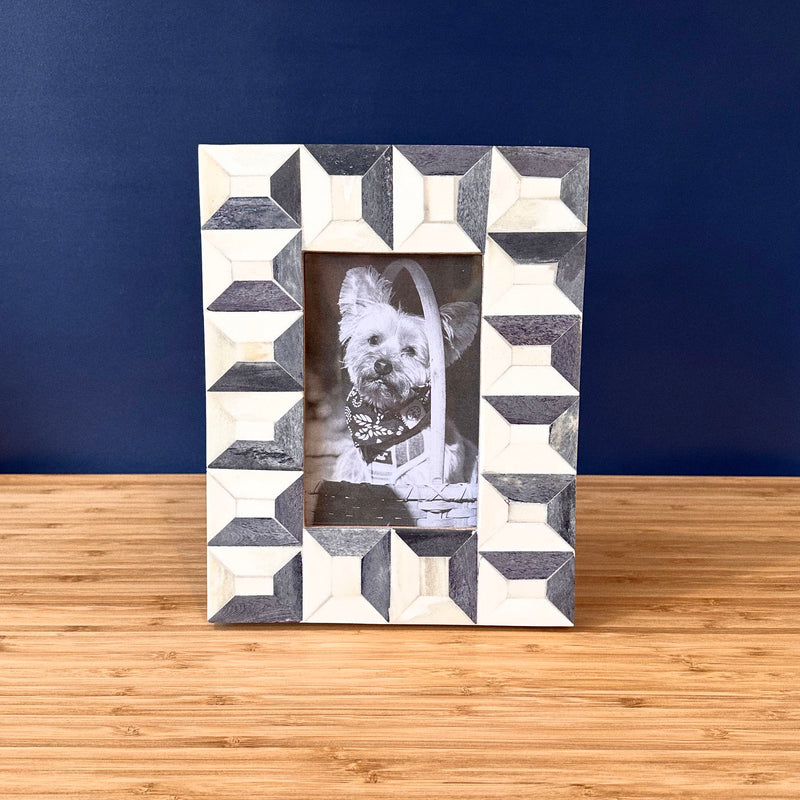 Geometric Bone Inlay Frame in Blue-Grey and White - Home Works
